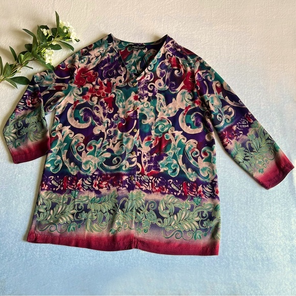 Women’s Sz 16 Vintage Paisley Print Blouse Button Up V-Neck - Picture 1 of 14